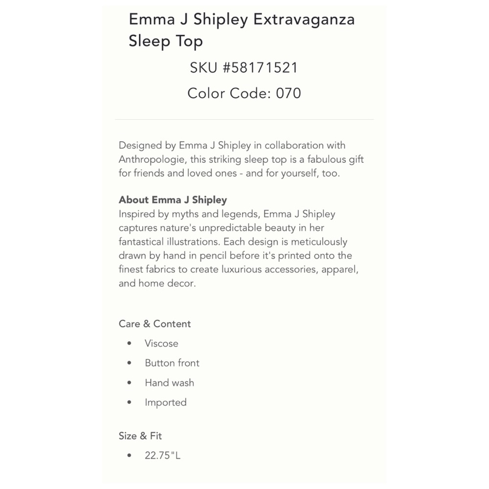 NWOT Anthropologie Emma J Shipley Extravaganza Lounge Top  Size Small - Picture 9 of 9